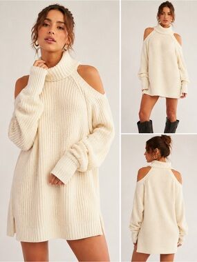 Free People Half Moon Bay Sweater Dress Ivory M Cold Shoulder Turtleneck
